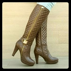 Knee High Heel Boots Brown Vegan Leather and fur